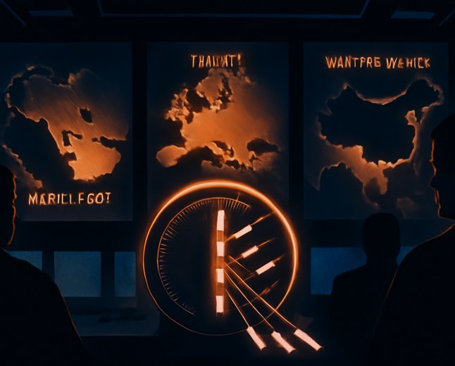 Editorial illustration of a Pentagon operations room with maps of the Middle East, Europe and the Western Pacific as missiles drain from a central inventory gauge.