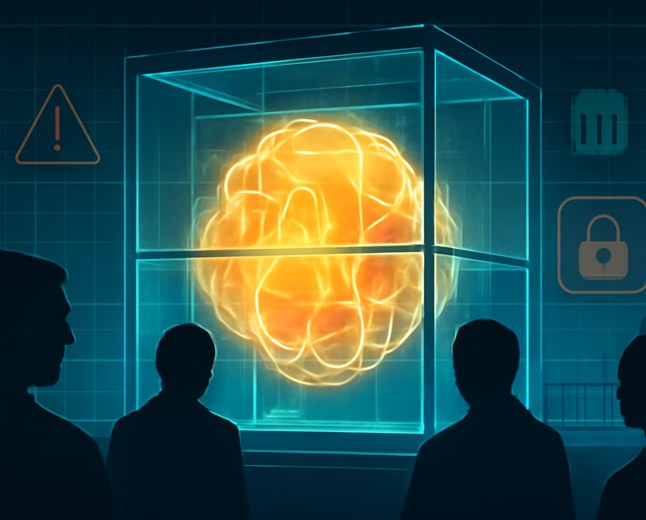 A glowing abstract AI server core behind layered containment glass, cyber-range grids, warning lights, locked network gates, and government-review silhouettes in the background.