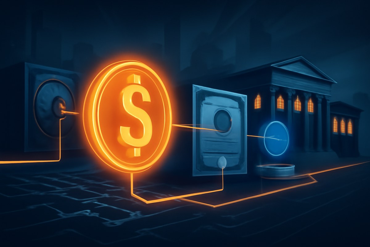 Editorial illustration of a digital dollar token traveling across institutional payment rails, bank vaults, blockchain nodes and Treasury-bill certificates without logos or brand names.