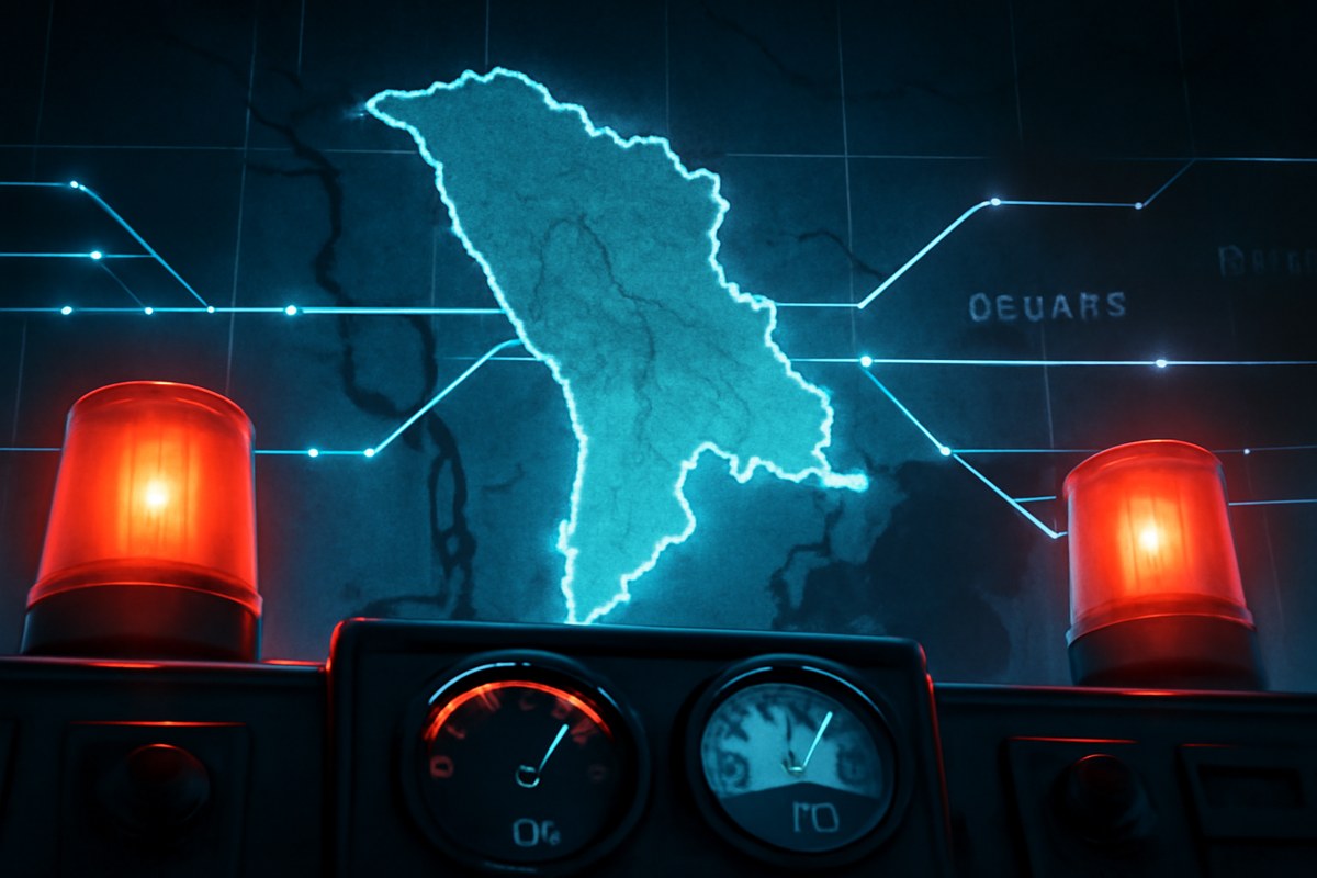 A winter-toned editorial image of Moldova shown as an energy-security control room, with river channels, power-grid lines, import gauges and emergency lights symbolizing water and electricity stress.