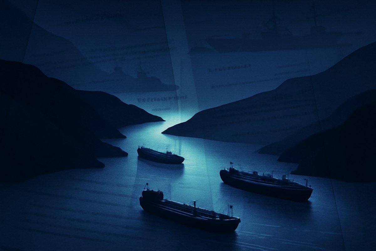 Editorial illustration of the Strait of Hormuz at night, with paused oil tankers, dark coastlines, naval silhouettes and translucent diplomatic papers suggesting a tense energy-security negotiation.