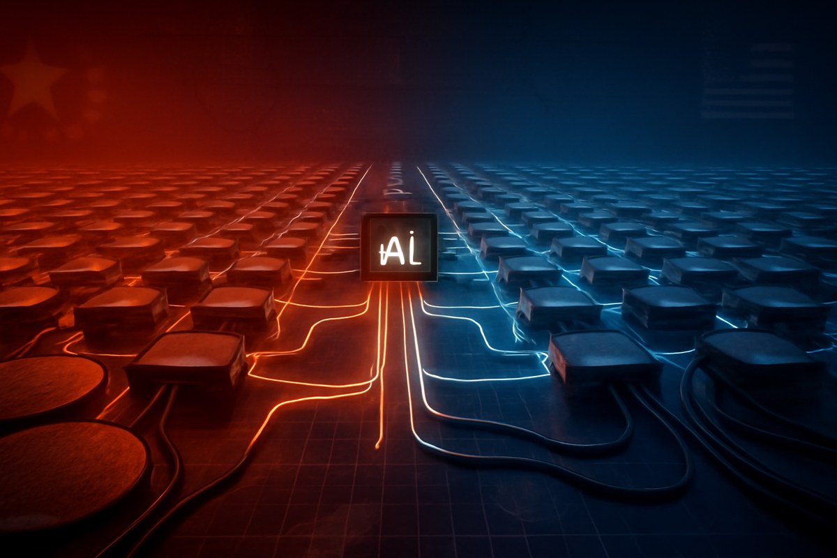 Editorial illustration of a large Chinese AI data-center floor where abstract processor tiles are linked by glowing interconnect lines into a single machine, with red and blue strategic lighting, wafers, power cables and grid-map motifs, without logos or 