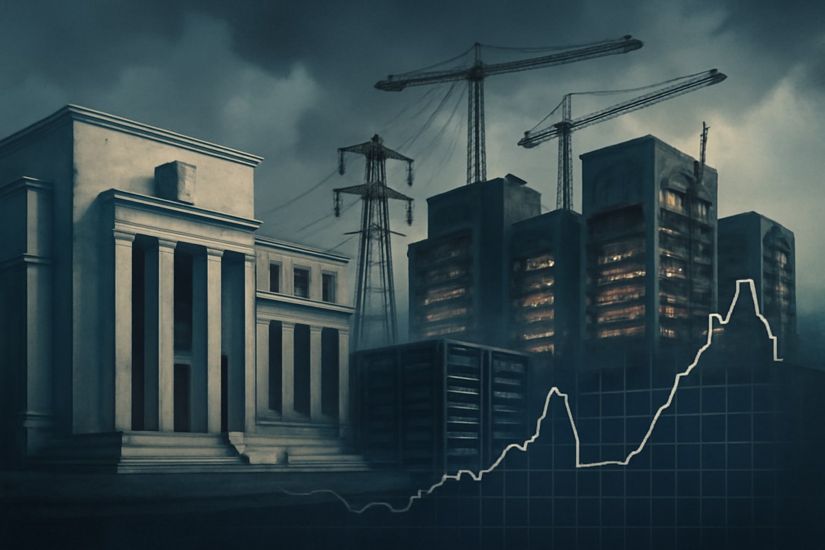 AI data centers under construction beside a Federal Reserve-style marble building, with power lines and server racks blending into an interest-rate chart.