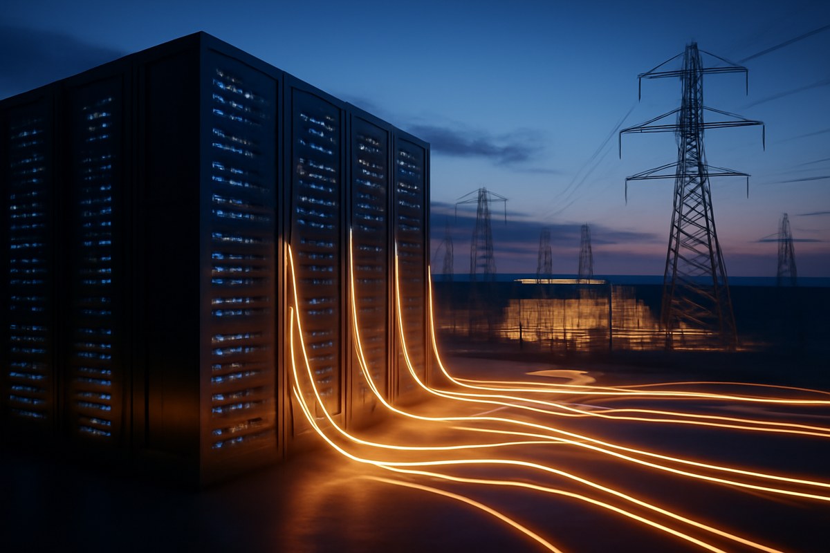 An AI data center connected to a glowing electric grid, with server racks visually blending into controllable power-flow lines, utility substations and transmission towers at dusk.