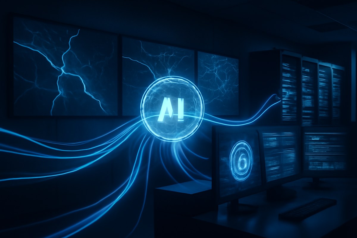 A dark critical-infrastructure control room with abstract water, power grid and municipal network maps connected to a glowing AI cyber-defense hub, with blue defensive light trails moving through servers and security dashboards.