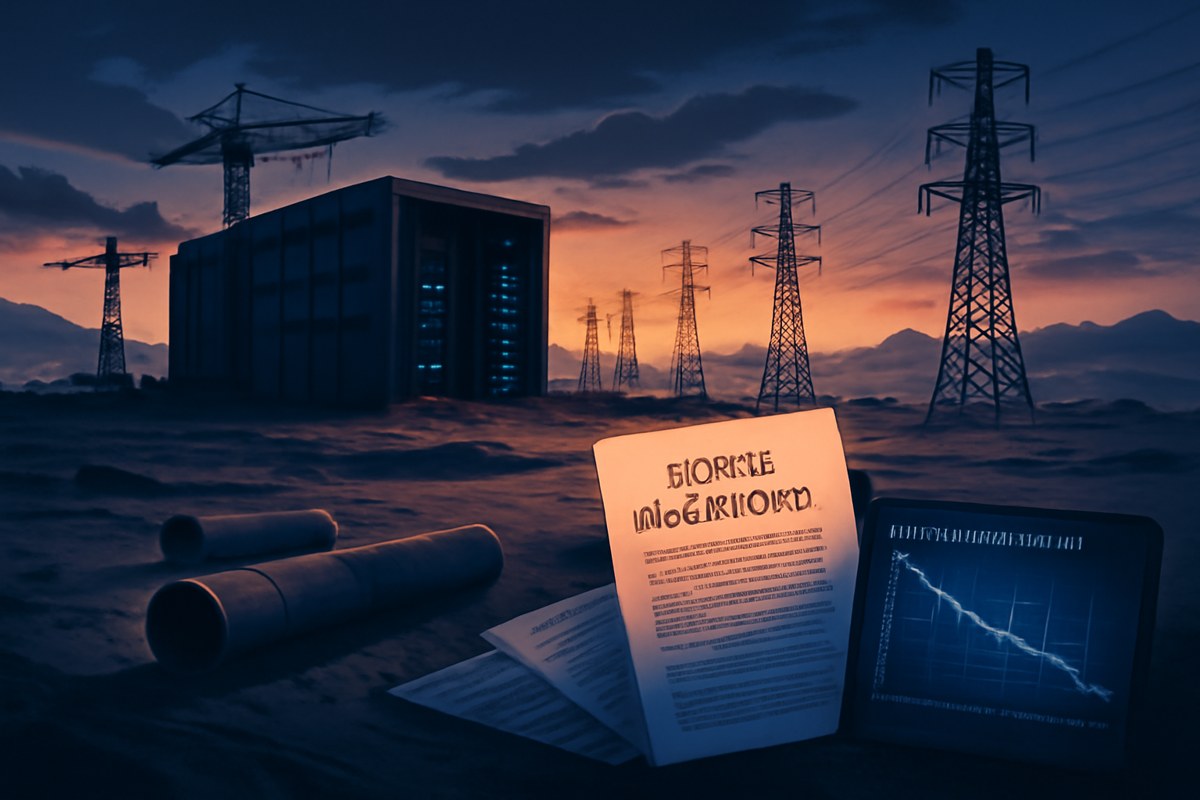 A desert AI data-center construction site at dusk with unfinished server halls, transmission towers, pipeline segments and financial charts suggesting energy and financing strain.
