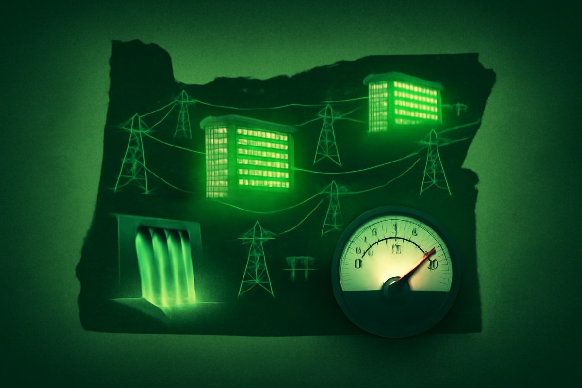 Editorial illustration of Oregon overlaid with server warehouses, transmission lines, substations, hydropower dams, and a rising electricity meter to show data center grid pressure.