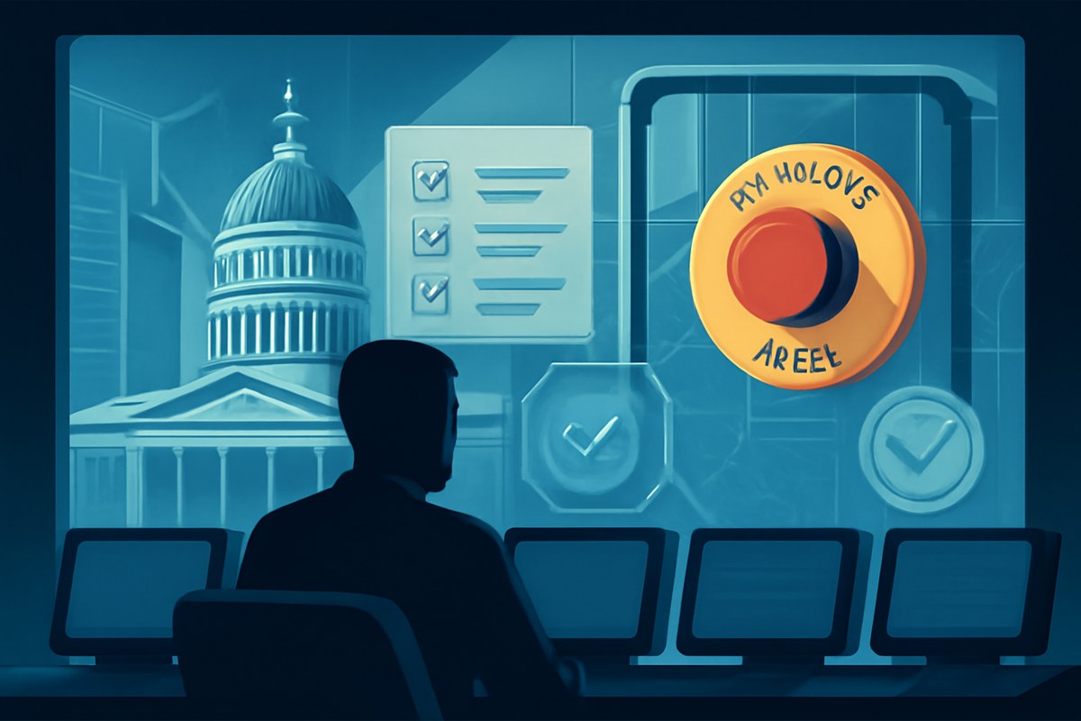 An editorial illustration of a California state oversight control room facing abstract server racks and neural network lines, with an emergency stop switch behind glass and audit-interface elements floating nearby.