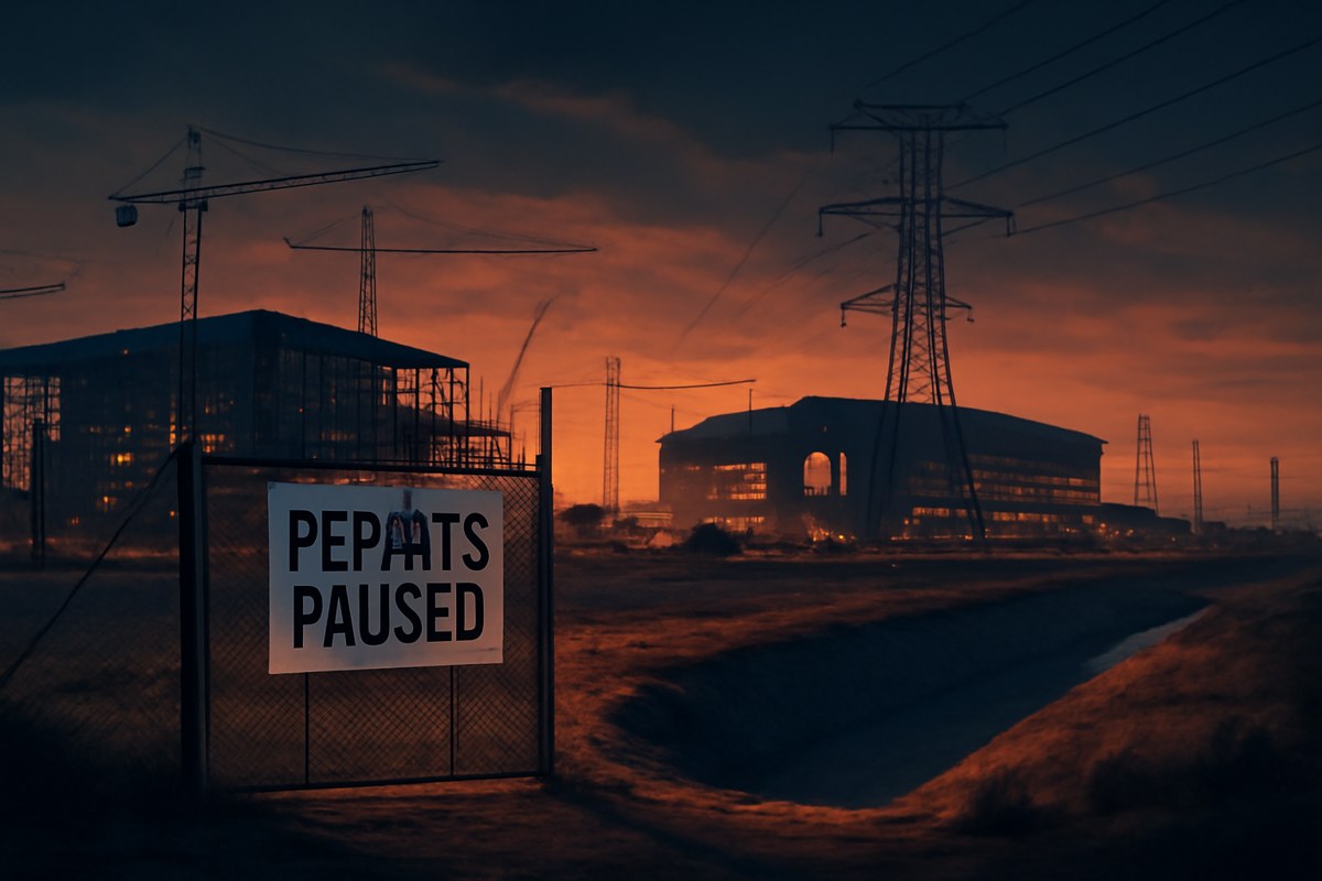 A large Texas data-center construction site near transmission towers and dry water channels, blocked by a generic regulatory gate as state permitting is paused.