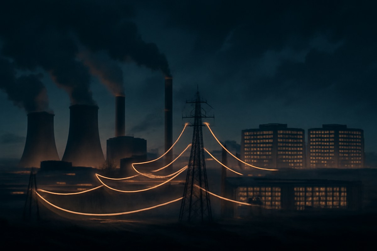 Night-time U.S. power grid with coal and gas plants feeding transmission lines toward large anonymous data-center campuses, showing the link between AI load growth and fossil baseload policy.