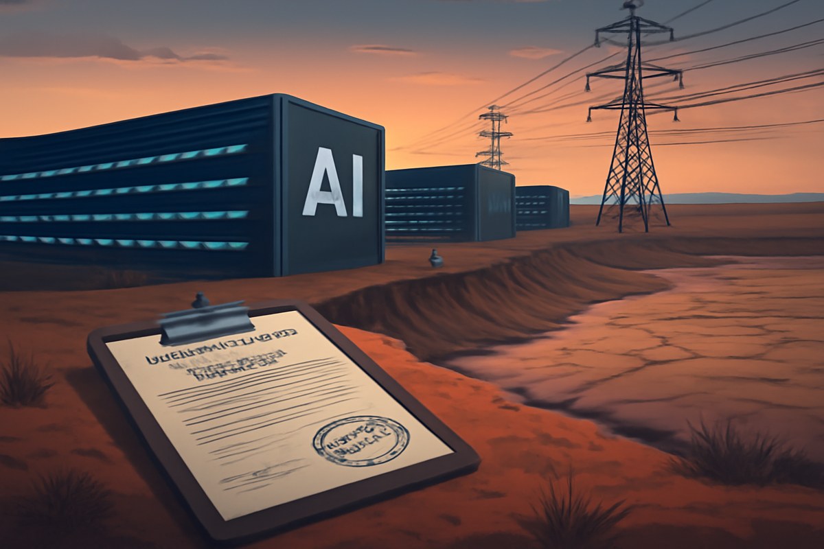 Editorial image of a Texas AI data center beside power lines and a dry reservoir, with a permit clipboard in the foreground.