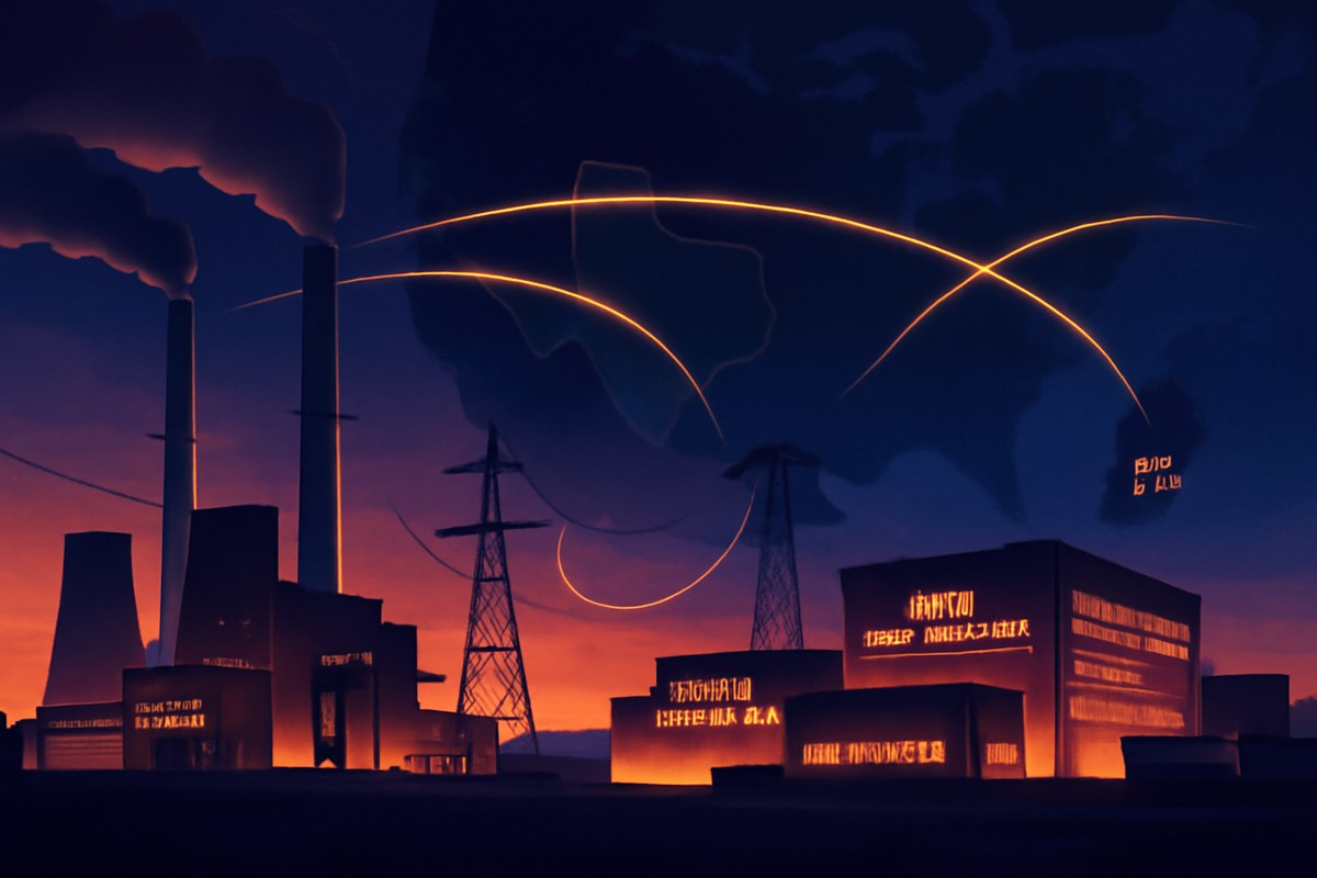 A Texas gas-fired power plant at dusk sends high-voltage electricity toward glowing data centers and semiconductor fabs, with subtle U.S.-South Korea trade route lines over a dark map.
