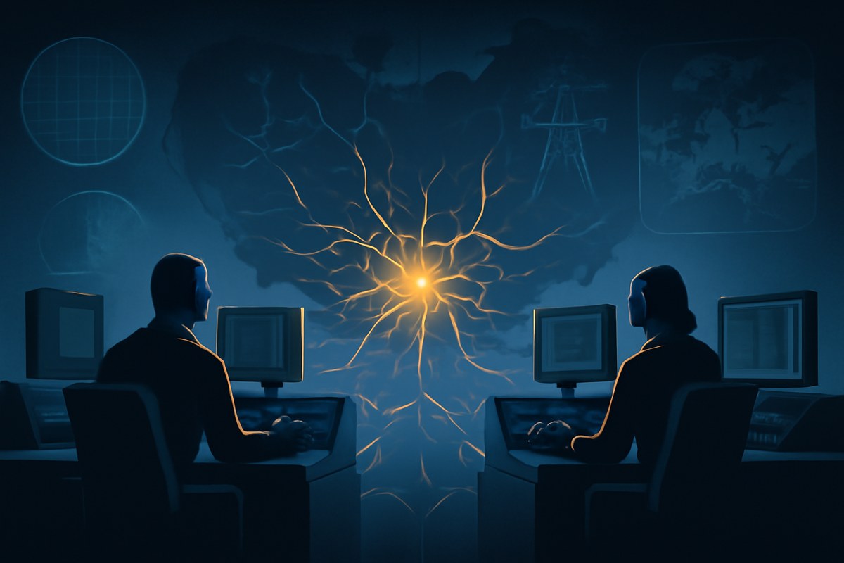 Two abstract geopolitical command centers face each other across a glowing neural-network map, with semiconductors, rare-earth minerals, power grids, and diplomatic cables feeding into a central control node.