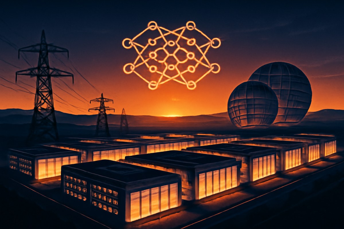 Editorial illustration of a large AI data-center grid connected to power infrastructure and abstract semiconductor wafers, representing China’s full-stack AI infrastructure buildout.