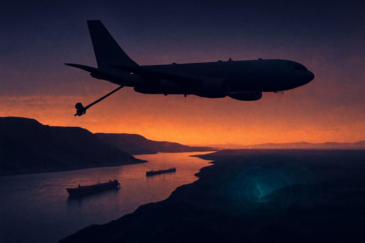 Editorial image of a gray aerial refueling tanker above a desert coastline and narrow shipping strait at dusk, with distant oil tankers and radar-like light below.