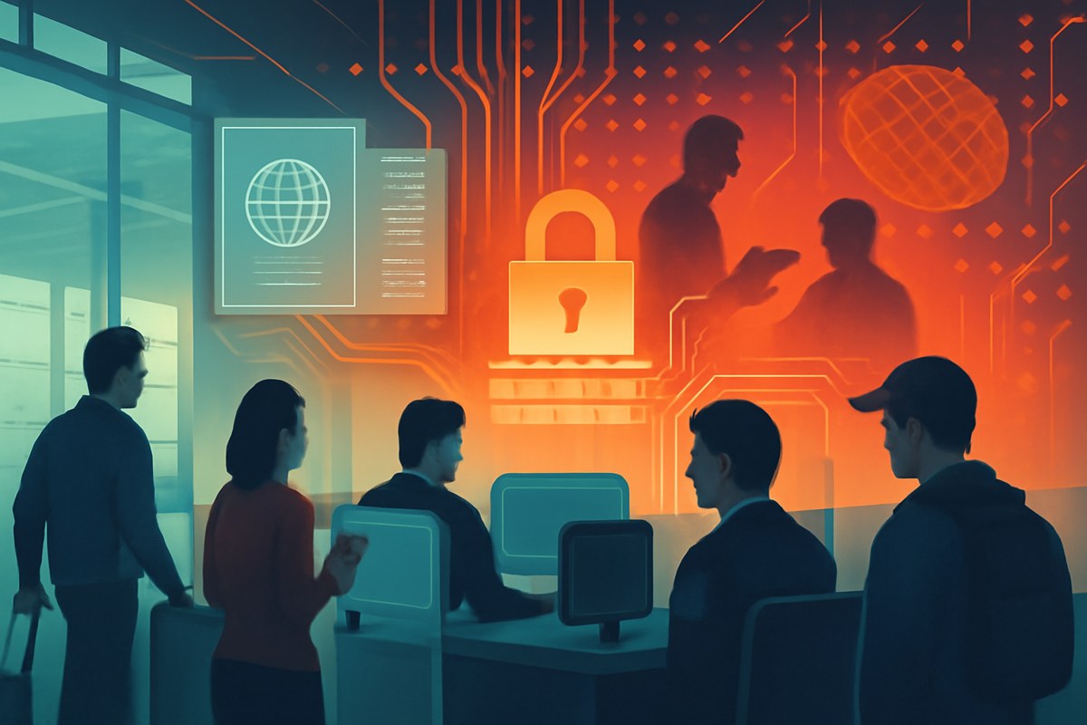 Editorial image of an airport border-control checkpoint blending into a digital firewall, with engineers, circuit traces, passport pages, AI nodes and semiconductor wafers behind translucent barriers.