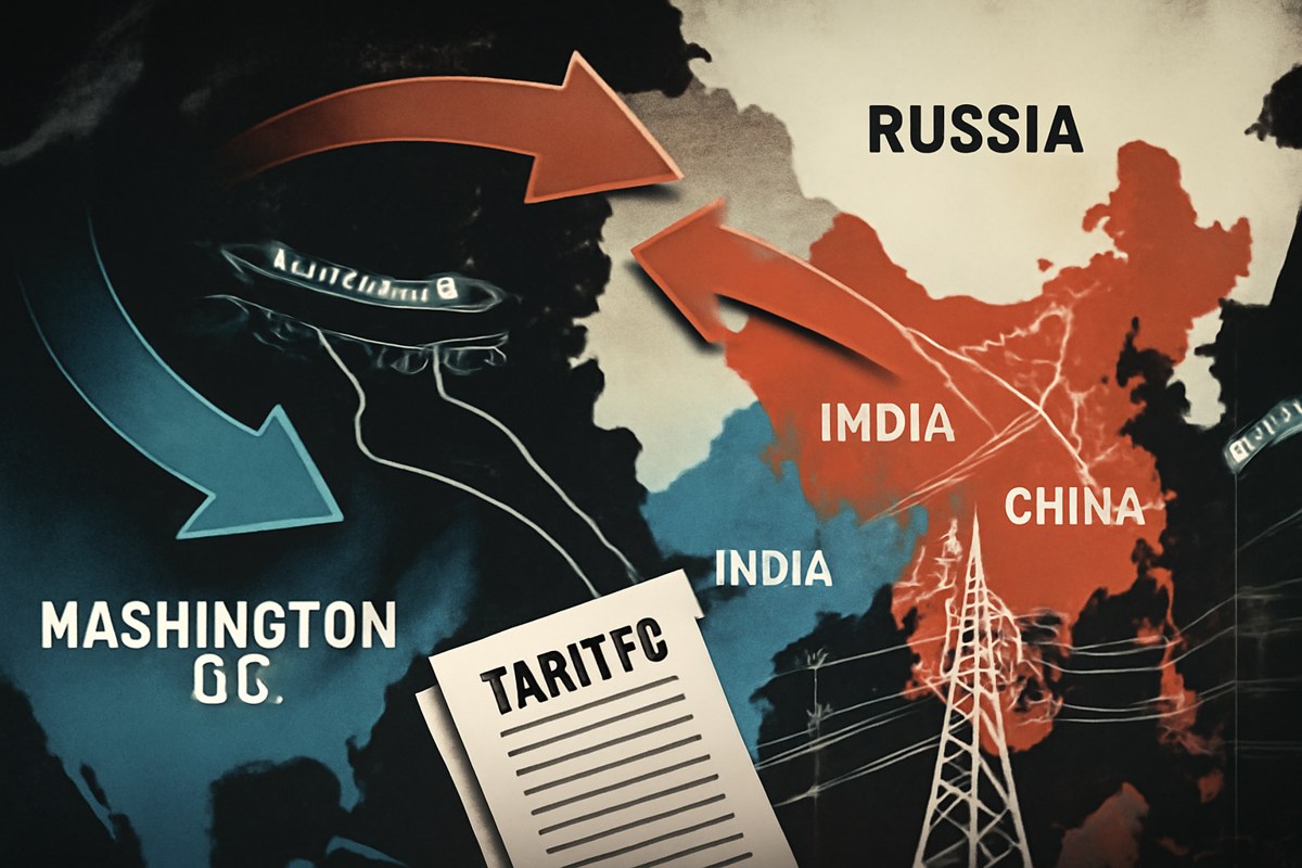 Editorial illustration of Washington, India and China connected by Russian oil tanker routes, tariff papers and energy grid lines, showing geopolitical pressure without logos or exact flags.