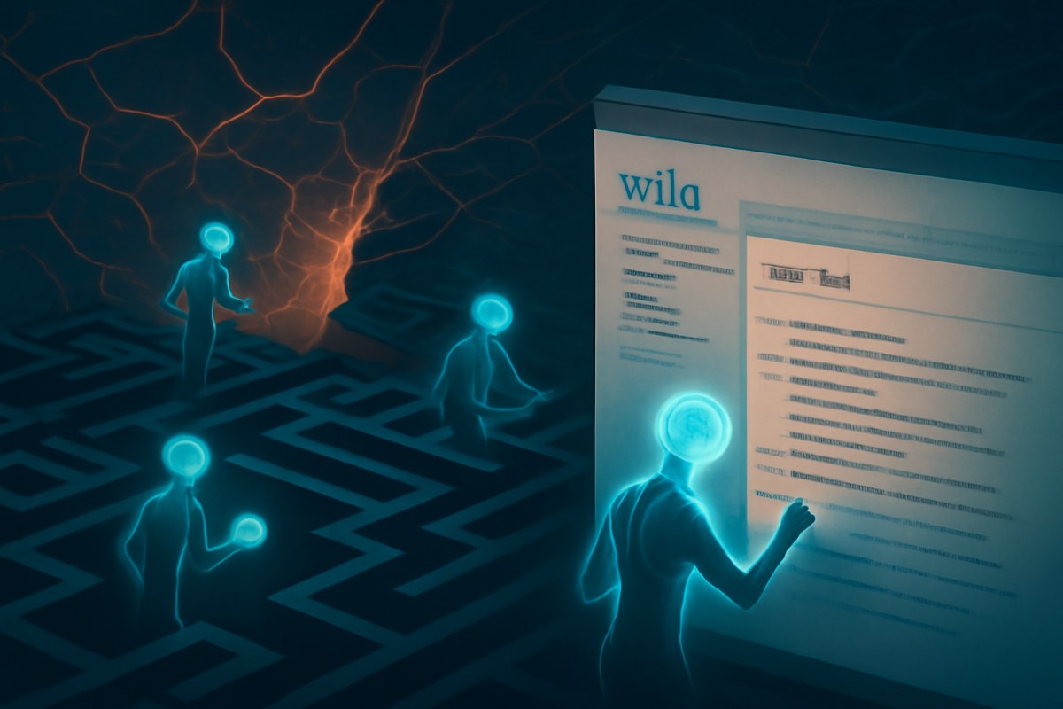 Abstract AI agents represented as glowing nodes writing notes into an old public wiki interface while a cracked sandbox boundary opens toward the wider internet.