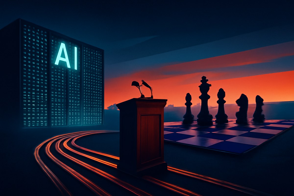 An editorial scene of a glowing AI data center at night beside a government podium and a distant geopolitical chessboard, with cables forming a race track toward the horizon.