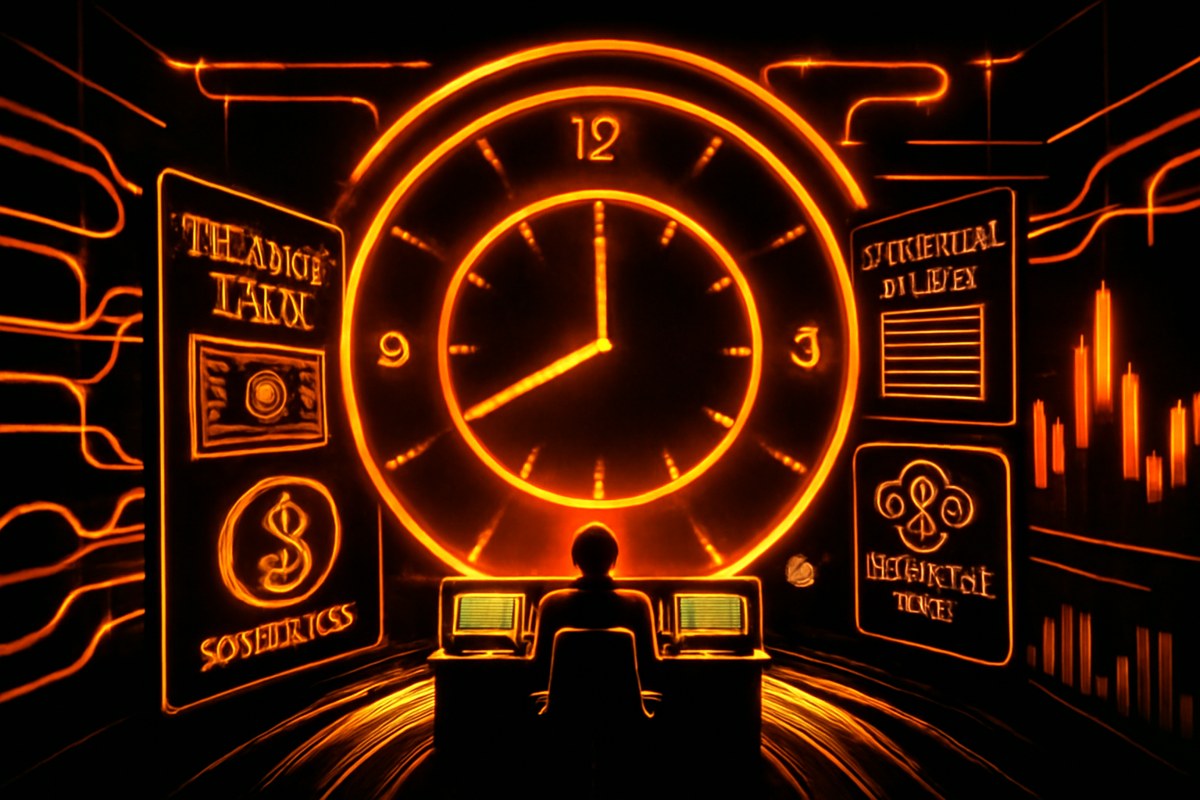 Editorial illustration of Treasury-market infrastructure as a control room where bonds, stablecoin tokens, collateral ledgers and clearing nodes flow through a 24-hour market clock.