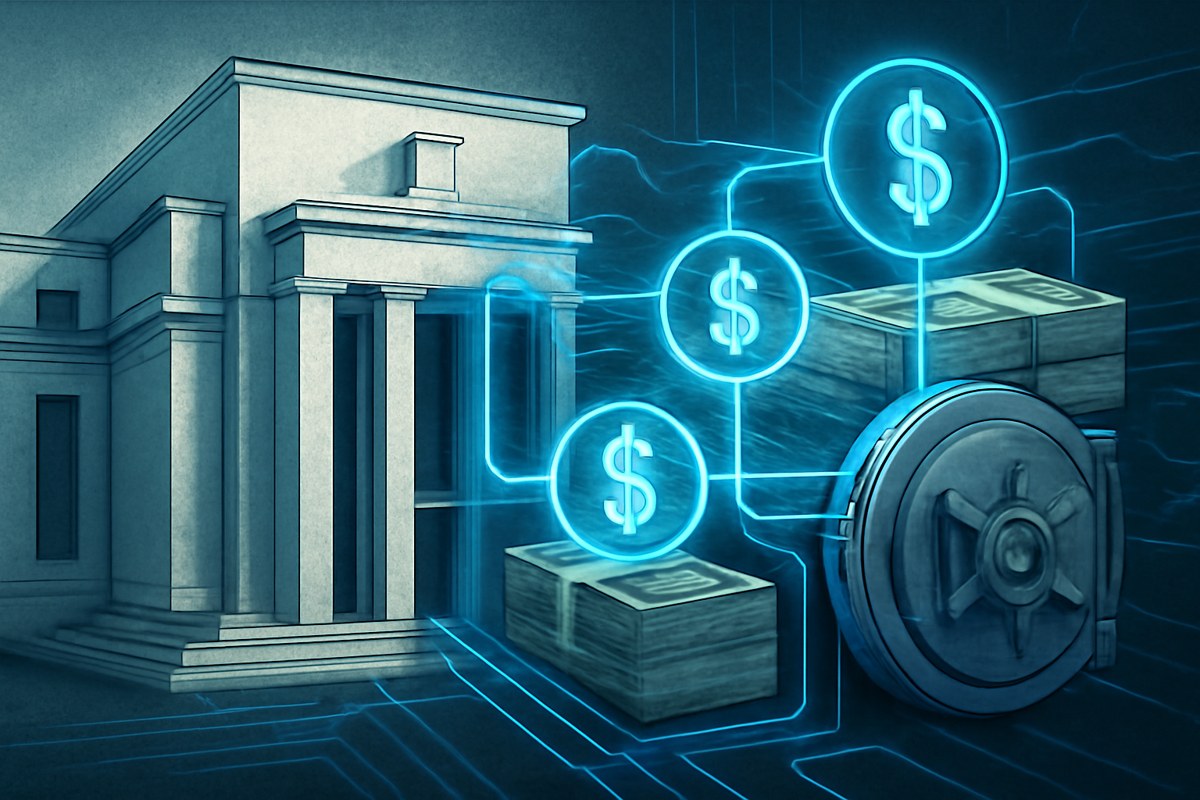 A Federal Reserve-style marble building transitions into a digital dollar settlement rail, with token nodes backed by Treasury bill stacks and protected by bank vault doors.