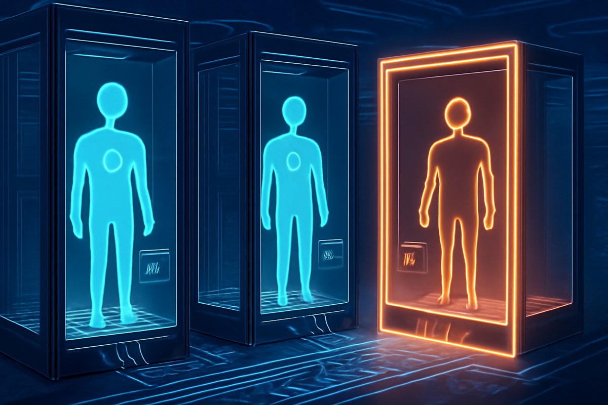 Autonomous AI agents represented as abstract figures inside transparent server-rack sandboxes, with a glowing chip-level security layer isolating one agent from sensitive systems.