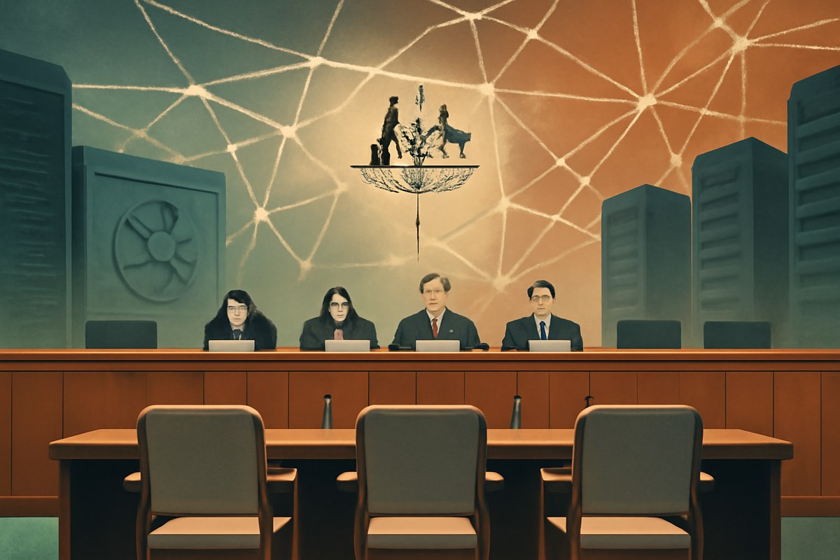 Editorial illustration of a Canberra parliamentary hearing room with empty witness chairs, senators, abstract AI-agent network lines, a government data vault, and distant data-centre silhouettes.