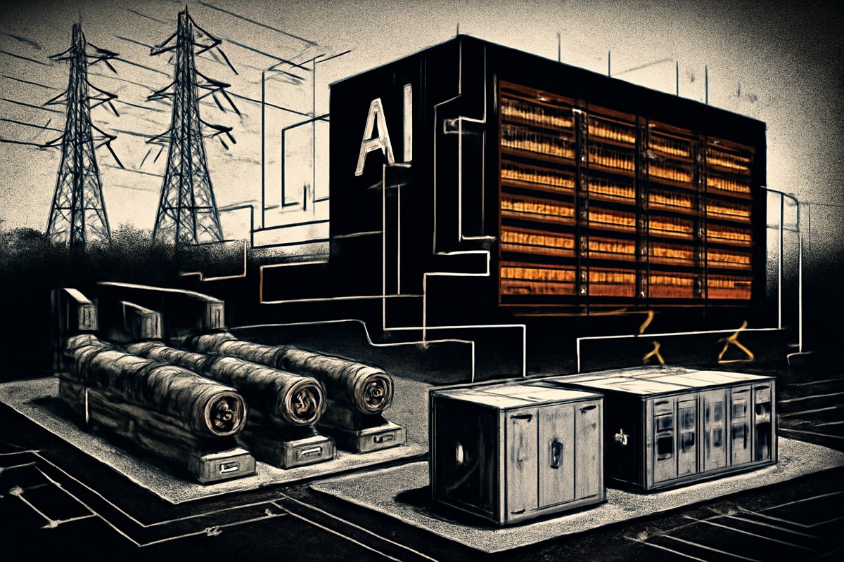 An AI data center tied to a private microgrid with turbines, battery containers, switchgear, transmission lines and control-system overlays.