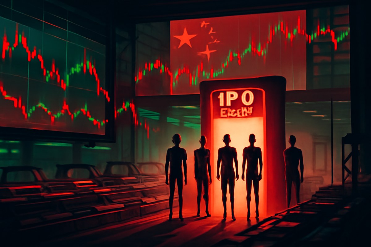 Editorial illustration of humanoid robot silhouettes waiting behind a glowing IPO approval gate inside a Chinese-style stock exchange control room, with factory lines and market charts in the background.