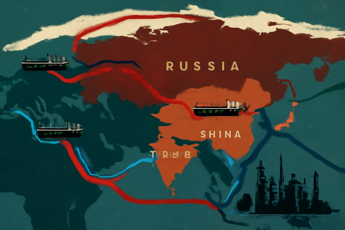Editorial map-style image of oil tankers moving from Russia toward China and India, with tense maritime supply routes and Indian refinery silhouettes.