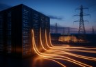 An AI data center connected to a glowing electric grid, with server racks visually blending into controllable power-flow lines, utility substations and transmission towers at dusk.