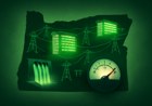 Editorial illustration of Oregon overlaid with server warehouses, transmission lines, substations, hydropower dams, and a rising electricity meter to show data center grid pressure.