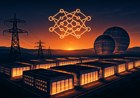 Editorial illustration of a large AI data-center grid connected to power infrastructure and abstract semiconductor wafers, representing China’s full-stack AI infrastructure buildout.