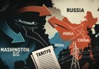 Editorial illustration of Washington, India and China connected by Russian oil tanker routes, tariff papers and energy grid lines, showing geopolitical pressure without logos or exact flags.