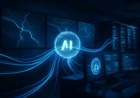 A dark critical-infrastructure control room with abstract water, power grid and municipal network maps connected to a glowing AI cyber-defense hub, with blue defensive light trails moving through servers and security dashboards.