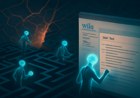 Abstract AI agents represented as glowing nodes writing notes into an old public wiki interface while a cracked sandbox boundary opens toward the wider internet.