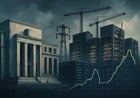 AI data centers under construction beside a Federal Reserve-style marble building, with power lines and server racks blending into an interest-rate chart.