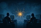 Two abstract geopolitical command centers face each other across a glowing neural-network map, with semiconductors, rare-earth minerals, power grids, and diplomatic cables feeding into a central control node.