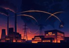 A Texas gas-fired power plant at dusk sends high-voltage electricity toward glowing data centers and semiconductor fabs, with subtle U.S.-South Korea trade route lines over a dark map.