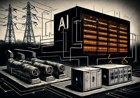 An AI data center tied to a private microgrid with turbines, battery containers, switchgear, transmission lines and control-system overlays.