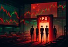 Editorial illustration of humanoid robot silhouettes waiting behind a glowing IPO approval gate inside a Chinese-style stock exchange control room, with factory lines and market charts in the background.