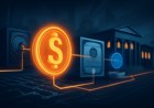 Editorial illustration of a digital dollar token traveling across institutional payment rails, bank vaults, blockchain nodes and Treasury-bill certificates without logos or brand names.
