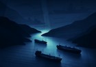 Editorial illustration of the Strait of Hormuz at night, with paused oil tankers, dark coastlines, naval silhouettes and translucent diplomatic papers suggesting a tense energy-security negotiation.