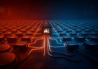 Editorial illustration of a large Chinese AI data-center floor where abstract processor tiles are linked by glowing interconnect lines into a single machine, with red and blue strategic lighting, wafers, power cables and grid-map motifs, without logos or 