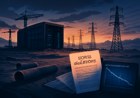 A desert AI data-center construction site at dusk with unfinished server halls, transmission towers, pipeline segments and financial charts suggesting energy and financing strain.