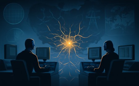Two abstract geopolitical command centers face each other across a glowing neural-network map, with semiconductors, rare-earth minerals, power grids, and diplomatic cables feeding into a central control node.