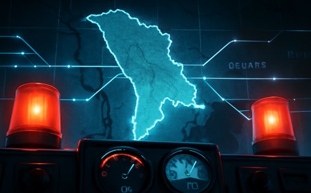 A winter-toned editorial image of Moldova shown as an energy-security control room, with river channels, power-grid lines, import gauges and emergency lights symbolizing water and electricity stress.