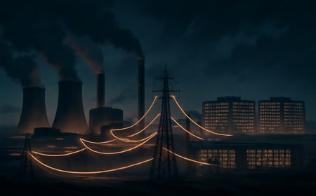 Night-time U.S. power grid with coal and gas plants feeding transmission lines toward large anonymous data-center campuses, showing the link between AI load growth and fossil baseload policy.