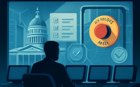 An editorial illustration of a California state oversight control room facing abstract server racks and neural network lines, with an emergency stop switch behind glass and audit-interface elements floating nearby.