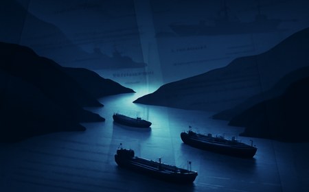 Editorial illustration of the Strait of Hormuz at night, with paused oil tankers, dark coastlines, naval silhouettes and translucent diplomatic papers suggesting a tense energy-security negotiation.
